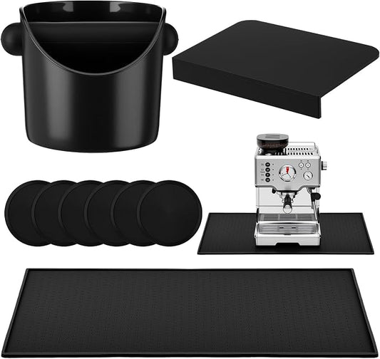 9 Pcs Espresso Knock Box Kit 18.9" x 11.8" Silicone Coffee Mat Espresso Tamping Mat with Coffee Station Organizer Removable Rod 6 Coasters Under Machine Accessories Set for Home Barista