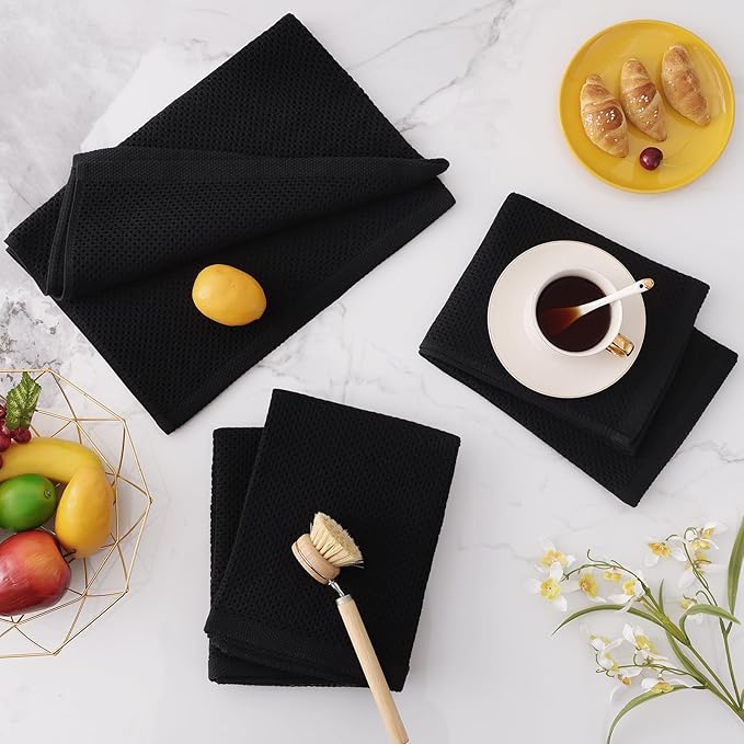 Homaxy 100% Cotton Oversized Waffle Weave Kitchen Towels, 3-Pack, Black | 20 x 28 Inches, Ultra Soft Absorbent Dish Towels, Quick Drying Large Cleaning Towels