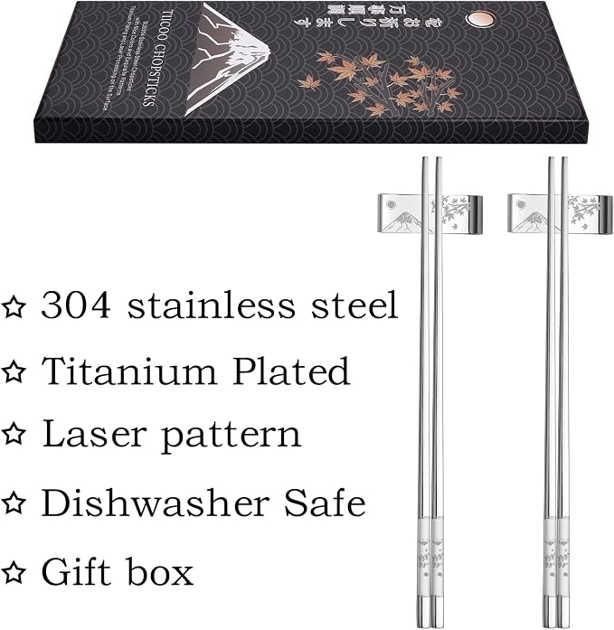 Metal Chopsticks Reusable 2 Pairs Titanium Plated 18/8 Stainless Steel Chopsticks with Holder, Dishwasher Safe Non-Slip Japanese Style Laser Engraved Chop Sticks Gift Set (Silver)