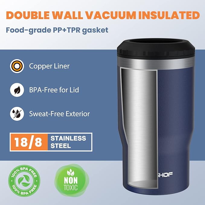 HAUSHOF 4-in-1 Insulated Can Cooler Fits 12oz Cans & Beer Bottle, Navy Blue | Double-Wall Vacuum Insulated, 18/8 Stainless Steel, BPA-Free Lid, Slim Can Cooler for Camping, Beach & Picnic