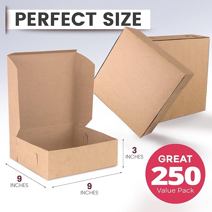 Fit Meal Prep 250 Pack Kraft Bakery Boxes - Brown Cardboard Pie & Dessert Boxes, 9x9x3 inches, for Cupcakes, Chocolates & Donuts