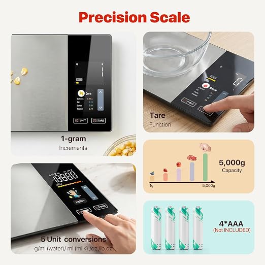 Food Scale with Nutritional Calculator, Smart Food Scale for Kitchen Tracks Calories, Fat, Carbs, Protein with Free App for Healthy Eating Meal Prep, 50+ Foods & 23 Nutrients Built-in, TFT Display
