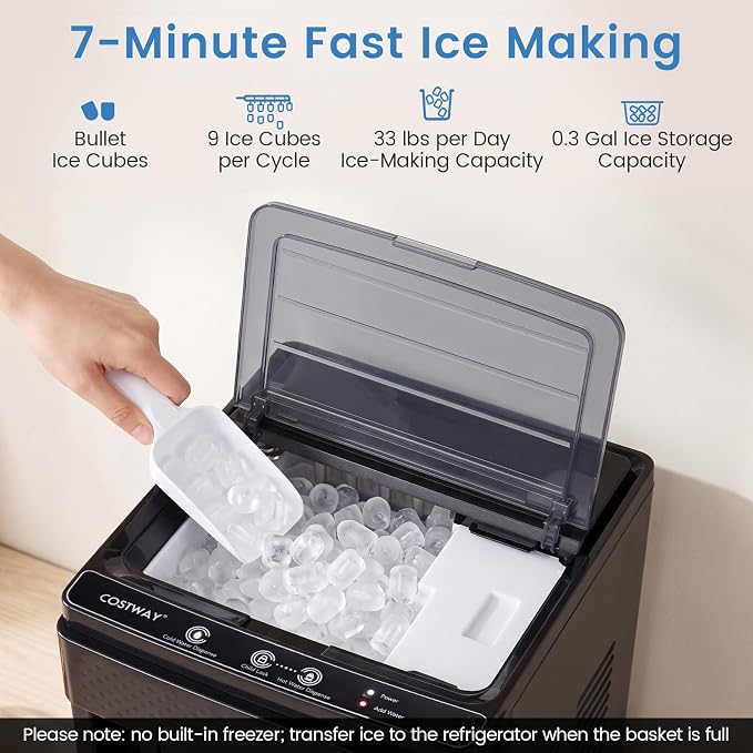 COSTWAY Water Dispenser with Ice Maker, 3 in 1 Bottom Loading Water Cooler for 5-Gal Bottle, Stainless Steel Hot and Cold Water Dispenser, 9 Cubes/7 Min, 33 LBS/24H Bullet Ice Cubes, Child Lock