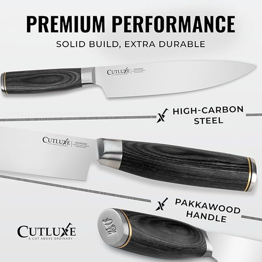 Cutluxe 3-Piece Chef Knife Set – Ultra Sharp Japanese Kitchen Knives, High Carbon Stainless Steel Blades, Full Tang Pakkawood Handles – Shinobi Series
