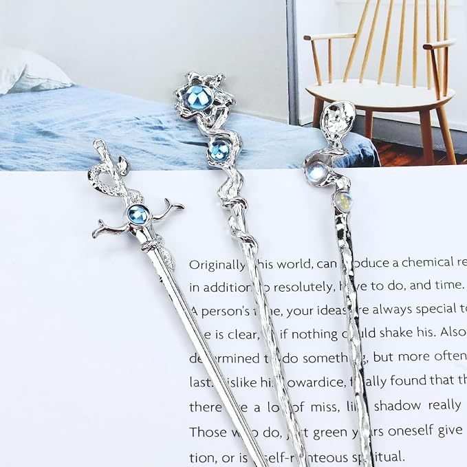 inSowni 8 Pieces Retro Vintage Asian Chinese Traditional Hanfu Fishtail Star Moon Butterfly Silver Metal Hair Sticks Long Hair Chopsticks Forks Bun Updo Holders Hairpins for Women Girls