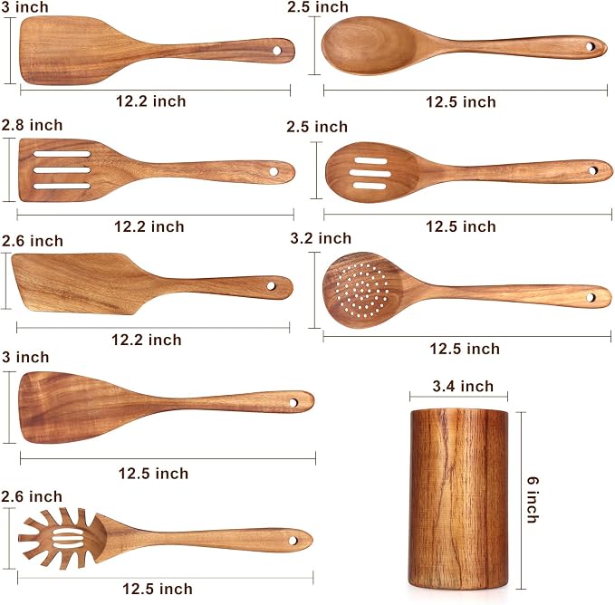 9 Pcs Wooden Kitchen Utensils Set with Holder Cooking Spoons Wood Spatula | Acacia Wood Spoons for Cooking Utensils Teak Flat Spatula Spurtles Large Mixing Serving Spaghetti Spoon Slotted Turner