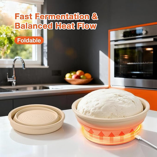 Heating Sourdough Bread Proofing Basket Set, Electric Thermostatic Silicone Batter Bowl, 9 Inch Round Foldable Proofing Bowl, Sourdough Bread Baking Supplies