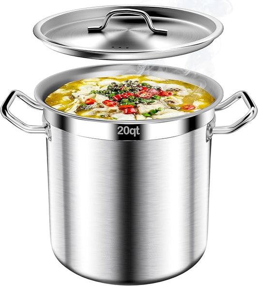 Stainless Steel Stockpot with Lid, 20QT Large Stock PotHeavy Duty Tri-Ply Bottom Commercial Grade Stock Pot & Stockpots for Boiling Cooking Soup Stew Canning Cooking Pots,Big Stockpot, Deep Cookware