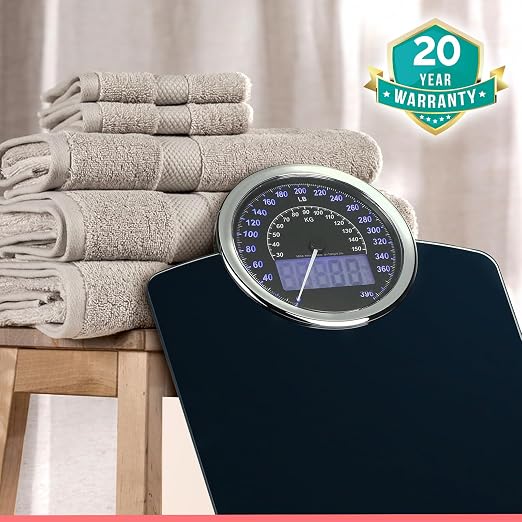 Hybrid Bathroom Scale - Analog & Digital Display, Accurate to 400 lbs | See weight on both an analog dial and digital LCD at once. Wide glass platform, accurate to 0.2 lbs, batteries included.