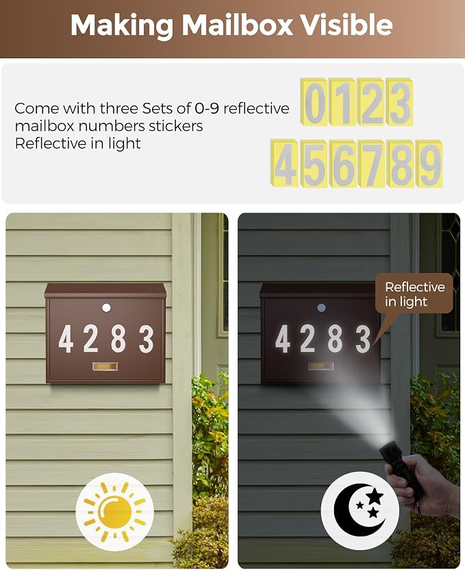 LAND·VOI Locking Wall-Mount Mailbox for Outside, with 4 Keys, Galvanized Steel Rustproof Metal Postbox, 4" Dx13.8 Wx11.2 H, Includes 3 Sets of Mailbox Numbers, Nameplate, Bronze