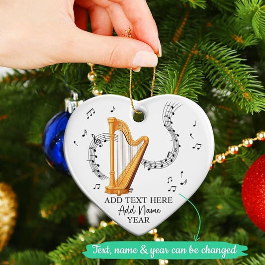 Customized Harp Music Instrument Ceramic Ornaments, Personalized Text Name Year Harpist Christmas Ornament, 2025 Xmas Ornament Gift for Harp Player Teacher Student, Musician Xmas Decorations