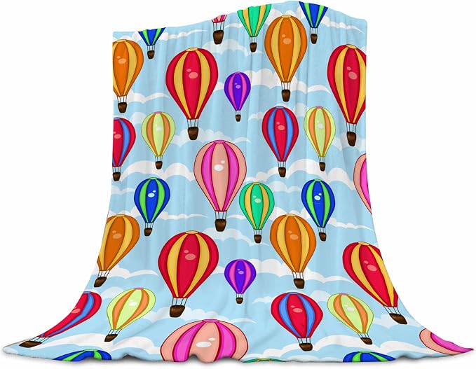 Cartoon Hot Air Balloon Blanket 60"x80" - Ultra Soft Flannel Throw for Adults & Kids - Playful Cloud & Balloon Print - Lightweight Plush Blanket for Bed, Sofa & Home Decorations