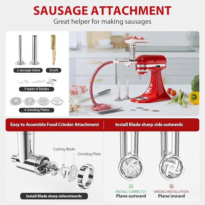 Meat Grinder & Cheese Grater Attachment for KitchenAid Stand Mixer | 21Pcs, 4 Grinding Plates, Metal Sausage Stuffer Tubes, 4 Slicer Shredder Attachment, Kitchen Aid Accessories and Attachments