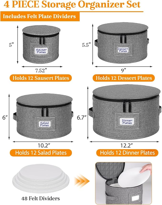 punemi China Storage Containers, 4-Set Hard Shell Dish Storage for Moving | Hard shell support with felt dividers for charger plates, dinnerware and china; stackable design holds set of 12