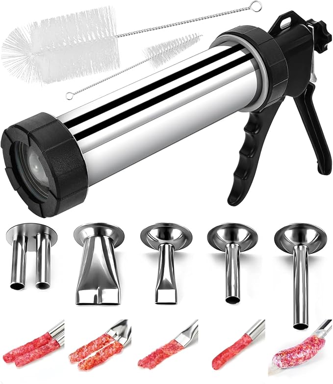 Jerky Gun for Ground Meat, 5 Stainless Nozzles, 2 Cleaning Brushes | 2 Cleaning Brushes, Jerky Making Kit, Beef Jerky Gun Kits, Stainless Steel Sausage Stuffer Jerky Making Gun