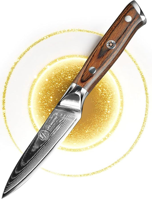 Damascus Paring Knife - Collectible 3.5 Inch Utility Knife with Pakkawood Handle, Japanese High Carbon Steel Blade, Small Fruit & Vegetable Knives for Kitchen, Outdoor, Camping, or Gift Use