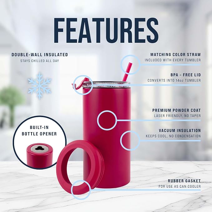 4 in 1 Universal Can Cooler - Hot Pink, Can Holder Insulated, Beer Bottle Cooler, Universal Holder for All Drink Sizes, Stainless Steel Insulated Tumbler, Tailgating Accessories