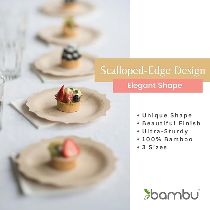 Bambu Pack of 25-9 Inch Disposable Bamboo Plates Fancy, Biodegradable Eco Friendly Products, Bamboo Disposable Plates for Party, Weddings, and Events, Great For Any Occasion, Compostable Plates