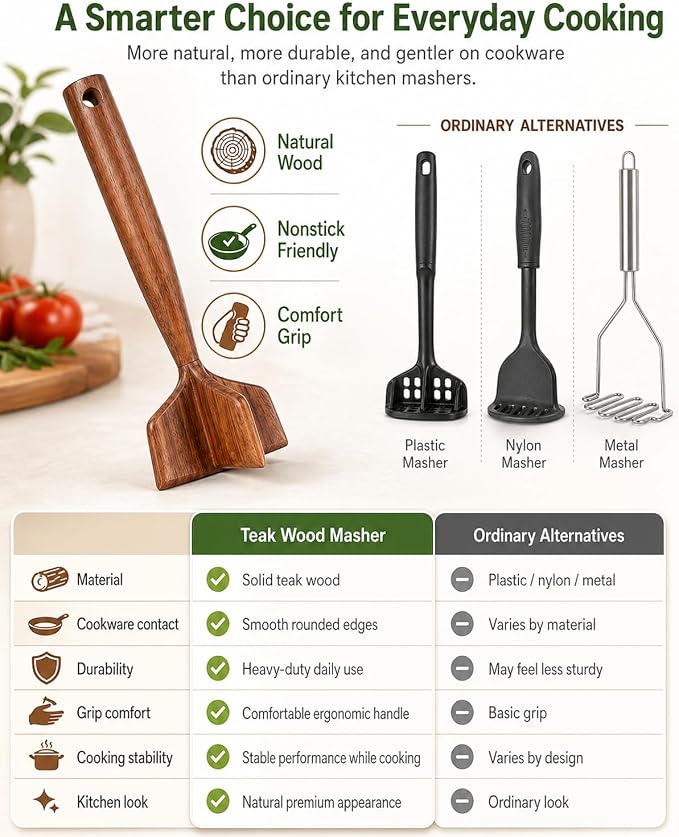 Meat Masher Ground Beef Chopper for Wooden Manual Tool Hamburger Wood Smasher Turkey Potato Chicken Grinder Teak Beed Tenderizer 2026 New Heavy Duty Kitchen Gadgets