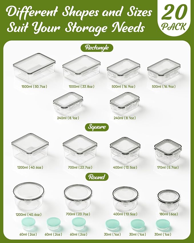 Canfanni 40 Piece Food Storage Containers with Lids, BPA-Free | Includes 20 Containers & 20 Lids,Plastic Food Containers for Kitchen Storage and Organization,Leak Proof Meal Prep Container