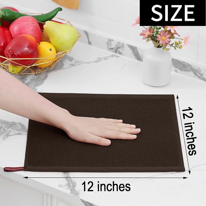 Homaxy 100% Cotton Waffle Weave Kitchen Dish Cloths, 4-Pack, Dark Brown | 12 x 12 Inches, Ultra Soft Absorbent Dish Towels, Quick Drying Dish Rags with Hanging Loop