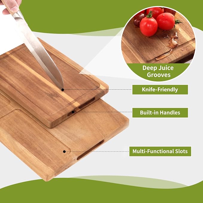 Acacia Wood Cutting Board,Double Sided Wooden Cutting Boards for Kitchen with Deep Juice Grooves,0.8 in Thick Solid Wood Cutting Board Set with Stand for Chopping,Serving Ideal Kitchen Gifts