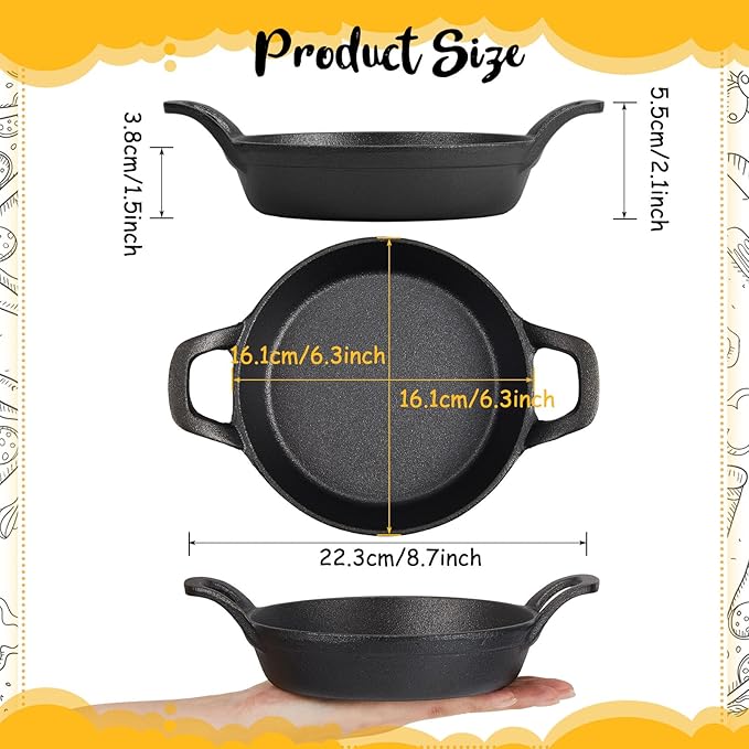 Mini Cast Iron Skillets 6.3 x 6.3 x 1.5 Inch Cast Iron Pan Small Ramekin Set Black Casserole Dish Cookware Oven Safe Mini Skillets for Kitchen Indoor Outdoor Picnic (8 Pack)