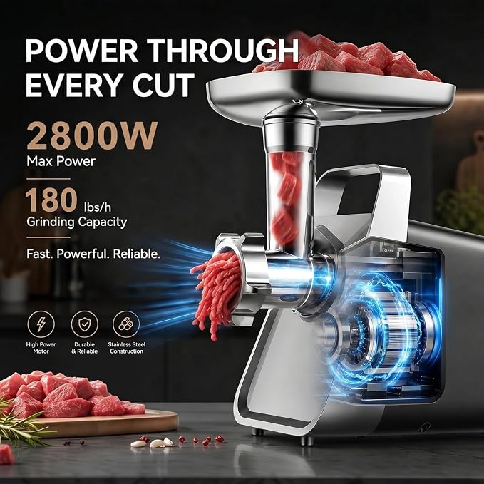Meat Grinder, 2800W Max Meat Grinder Electric, ETL Approved Heavy Duty Meat Mincer Machine with 2 Blades, 3 Plates, Sausage Stuffer Tubes & Kubbe Kit for Home Kitchen Use