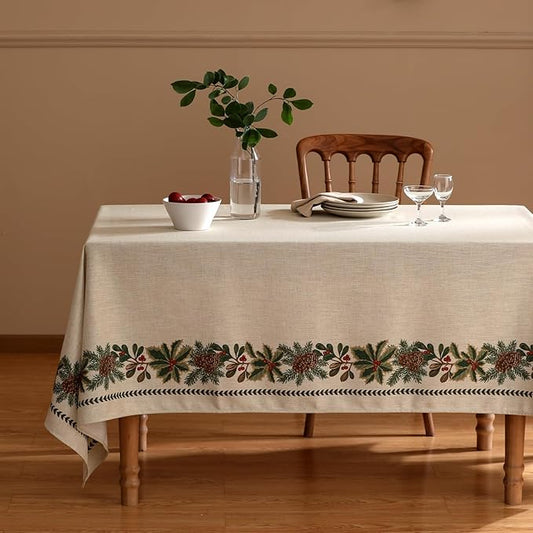 ISAENNE Designer Christmas Linen Table Cloth for Rectangle Table,Light Beige Western Tablecloth,Wrinkle Resistant Decor Tablecloths for Dining Thanksgiving Kitchen Christmas,55"*79"-Carol G