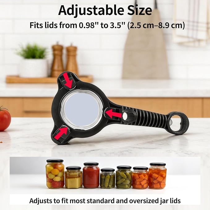 4-in-1 Jar Opener for Weak Hands, Seniors with Arthritis (Black) | Multi-Purpose Lid Opener Includes Magnetic Hook & Rubber Gripper for Jars, Bottles and Beer Caps Simple Twist-off Operation