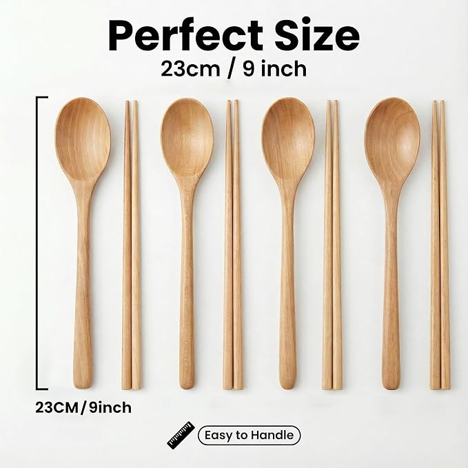 Handmade Wooden Cutlery Set by Diulazin - 4PCS Reusable Spoon and Chopsticks, High-Grade for Daily Use, Parties, Banquets, Buffets, Catering - Eco-Friendly, 9 Inch (Style E)