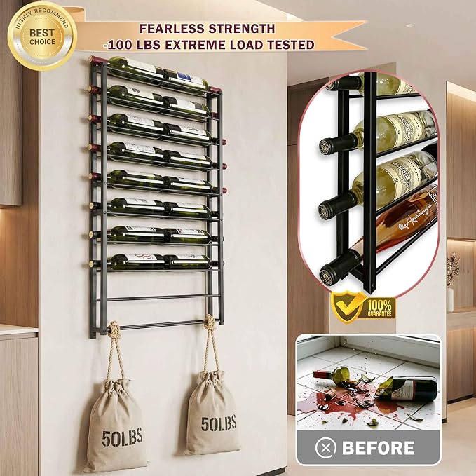 Wine Rack Wall Mounted: 20 Bottle Capacity Storage - 3.7'' Extra Wide Slots | Heavy Duty for Champagne & Magnum - Professional Grade for Wine Collectors - Rust-Resistant Matte Black Metal