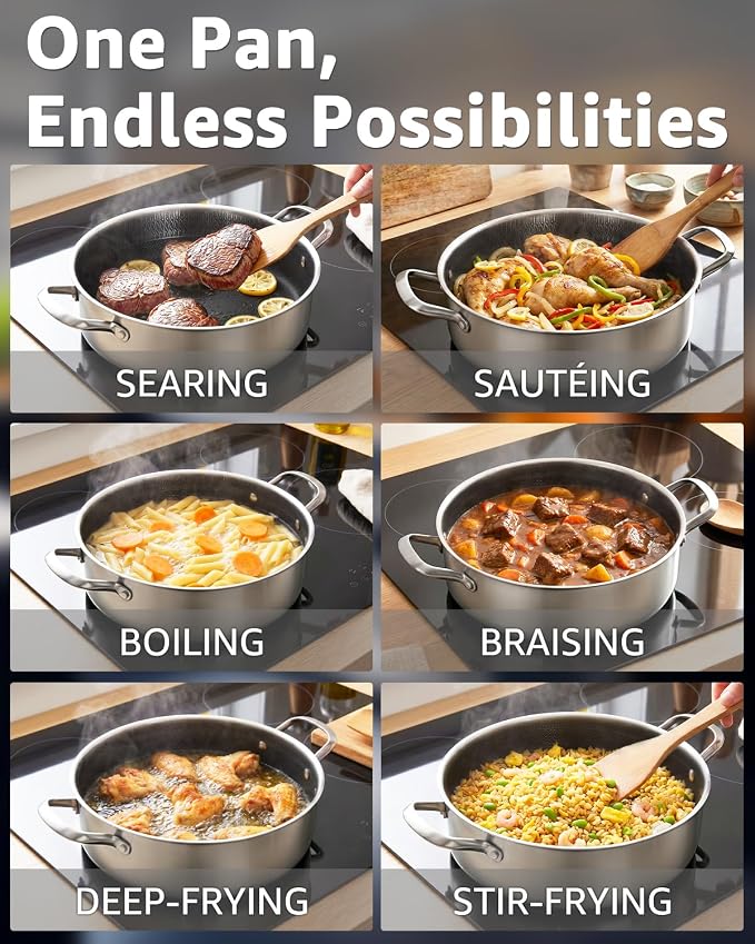 LOLYKITCH 5-Quart Deep Frying Pan with Lid | 12 Inch | Riveted Handles | Ceramic Nonstick | Tri-Ply Stainless Steel Skillet | Saute Pan | Hybrid Cookware | Oven & Induction Ready | 3-5 Servings
