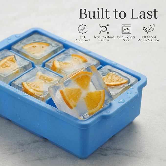 KitchFort® Large Silicone Ice Cube Tray (2-Pack) - 2" Big Ice Mold with Lid | Easy Release, Cocktail, Whiskey Ice Cubes Mold - Food Grade - Ice Cube Trays for Freezer - Stackable Silicone Ice Tray