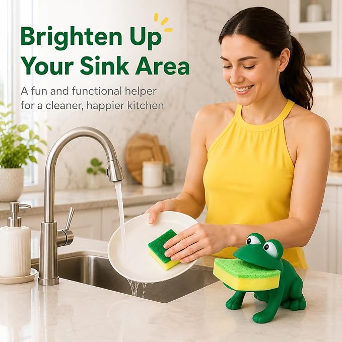 Dependable Industries inc. Essentials Frog Sponge Holder with Dual-Sided Sponge, Green Animal Shape Kitchen Sink Sponge Caddy, Cute Plastic Dish Sponge Organizer, Novelty Countertop Decor Gift