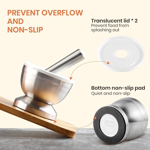 Tera 18/8 Stainless Steel Mortar and Pestle with Brush Spice Grinder Pill Crusher Herb Bowl Pesto Powder 1.5 Cup 350ml