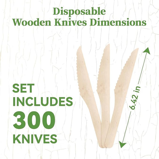ECOLipak 300 Count Disposable Wooden Knives, Wooden Compostable Disposable Knives for Party, Camping, Traveling, Family Dinners