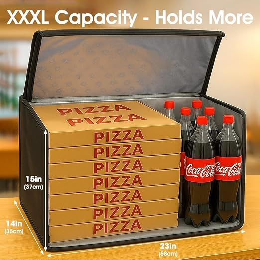 Bodaon Insulated Food Delivery Bag with Hard Baseboard, XXXL, Black, 1 Pack | Heavy-Duty, Waterproof Lining, Cold/Hot Warmer for Delivery, Reusable Grocery Carrier for Pizza, Drinks, Camping, Commercial