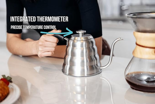 Barista Warrior Pour Over Coffee Kettle with Thermometer – Gooseneck Kettle for Coffee and Tea, Stainless Steel for All Stovetops (Matte Black, 1.0 Liter, 34 fl oz)