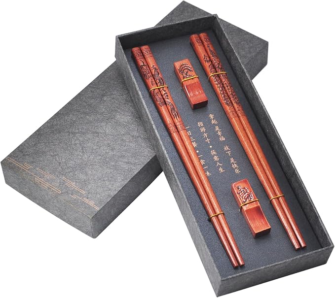 Dragon & Phoenix Reusable Chopsticks Set with Holders - Wooden Chopsticks 2 Pairs for Wedding & Anniversary Gift (Dragon and Phoenix)