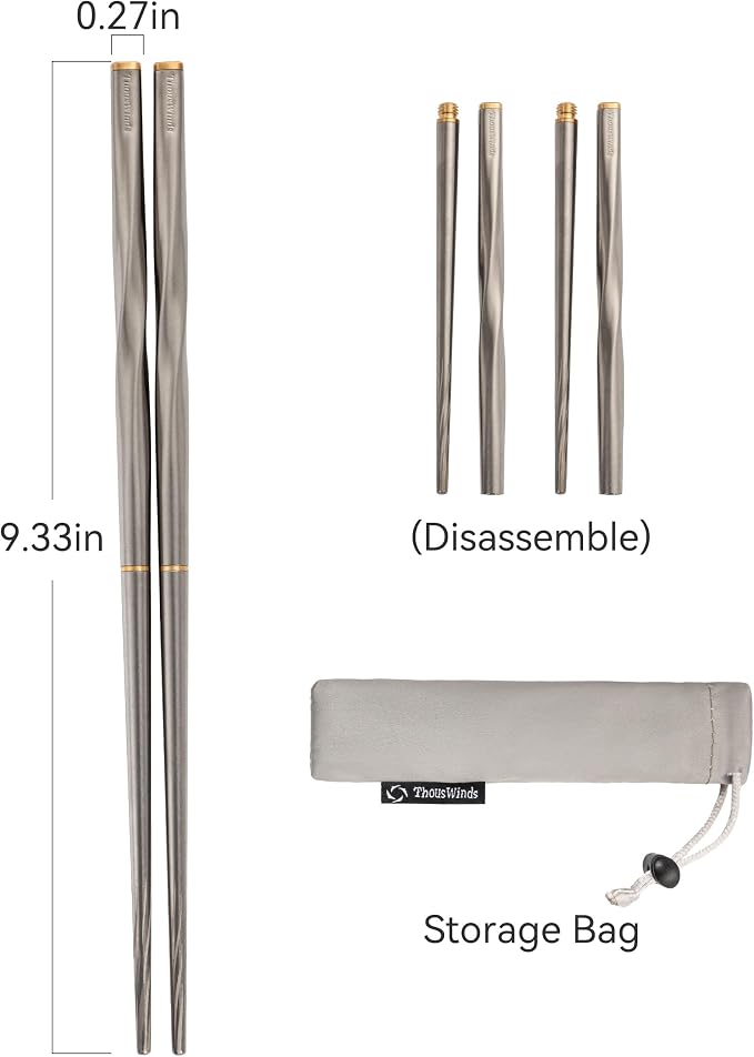 Thous Winds Titanium Chopsticks , Foldable Lightweight Reusable Camping Cutlery, Utensils for Camping Backpacking Hiking Home, with Storage Bag, 2 Pairs