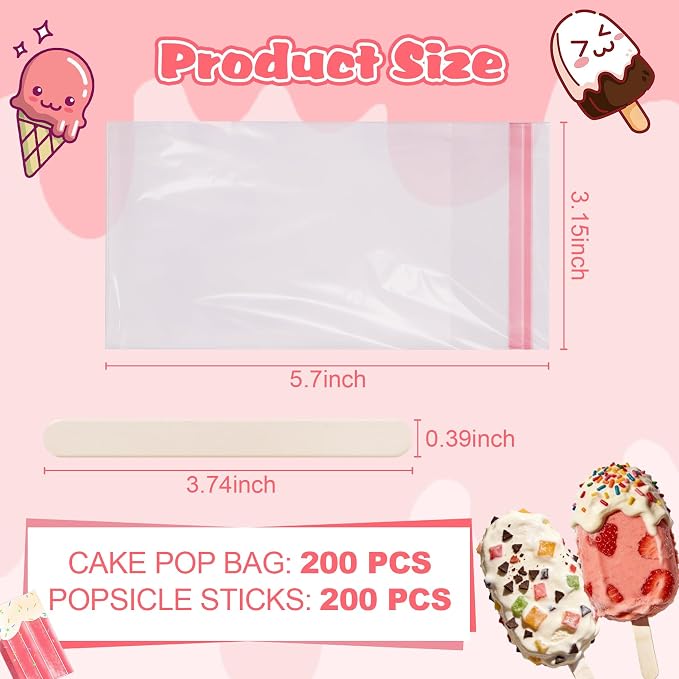 Ozera 200 Pcs Ice Pop Bags and Popsicle Sticks, Cakesicle Bags with Sticks | Clear Self-adhesive Cake Pop Bag, Candy, Chocolate Cookie, Family Gathering Party