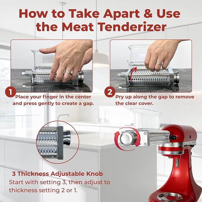 Meat Grinder & Meat Tenderizer Attachments Compatible with KitchenAid Stand Mixer, 3 Adjustable Thickness - Includes 4 Grinding Plates, 3 Sausage Stuffer Tubes & Burger Press