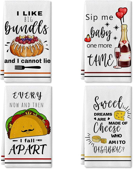 Funny Kitchen Towels and Dishcloths Sets of 4 Kitchen Towels with Sayings Cheese Bundts Absorbent Drying Tea Dish Towel for Cooking Baking Home Decorations,16 x 24 Inch
