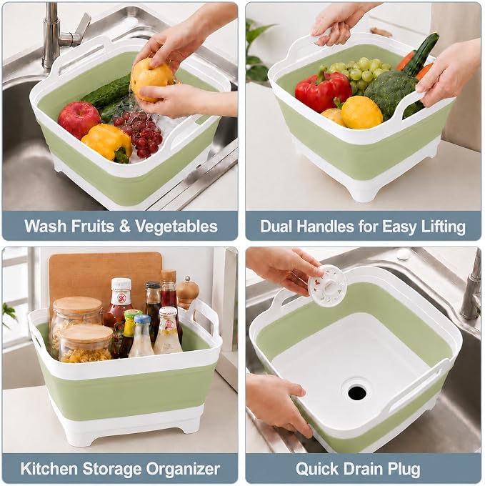 2.4 Gal(9L) Collapsible Dish Basin with Drain Plug, Space Saving Outdoor Multiuse Foldable Sink Tub, Dishpan, Kitchen Storage Tray for Camping, Vegetable Washing, RV (Green)