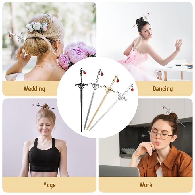 4 PCS Sword Hair Chopsticks for Women, Ancient Style Sword Hair Pin Chinese Hair Accessories Classic Vintage Flower Hair Pin Sticks for Buns Long Straight Hair Fork Pins for Women Girls Gift (4 Color)