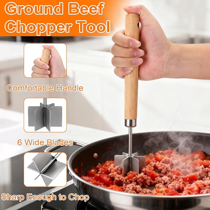 Palksky Meat Chopper Stainless Steel, 6 Curve Blades Meat Masher, 11 Inch Ground Beef Chopper Tool & Hamburger Smasher, Meat Pounder & Multi-Purpose Kitchen Tool