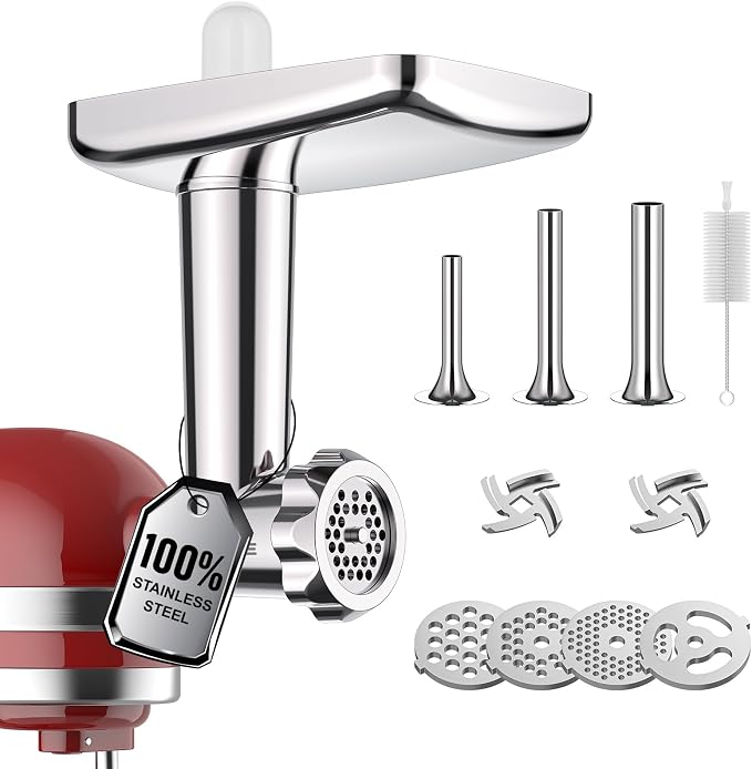 GVODE Stainless Steel Meat Grinder Attachment for KitchenAid Stand Mixer, Meat Grinder for KitchenAid Includes 4 Grinding Plates & 3 Sausage Tubes, Dishwasher-Safe Design with Sausage Stuffer Kit | Meat Grinder for KitchenAid Includes 4 Grinding Plates...