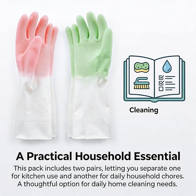 Cleaning Gloves 2 Pairs, Medium Reusable Dishwashing Gloves Honeycomb Non-Slip Grip, Waterproof Long Cuff Household Gloves for Kitchen Dishes Bathroom Laundry Pet Bath, Mint Green & Pink for Women