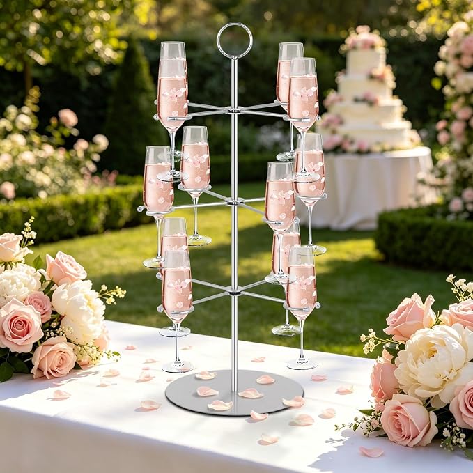 QPIX DIGITAL Cocktail Tree Stand, Metal Drink Tower, 3 Tier - 12 Holders For Champagne, Cocktails,Martini, Margarita Cups at Weddings, Bridal Shower, Mimosa Bar Parties & Events (Silver)